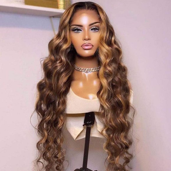 💥100% Human Hair Light Brown with Blonde Highlights Body Wave Wig💥NWT - Picture 6 of 6